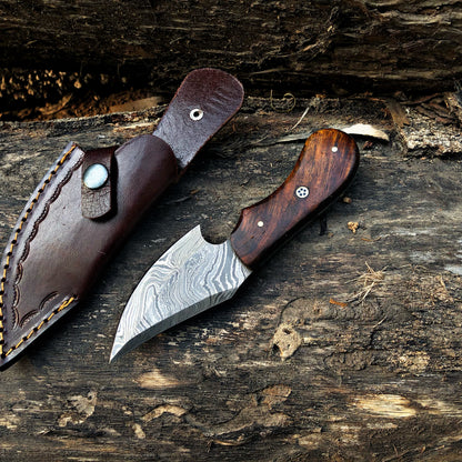 Handmade Damascus Steel Rose Wood Skinning Knife Arham Cutlery 