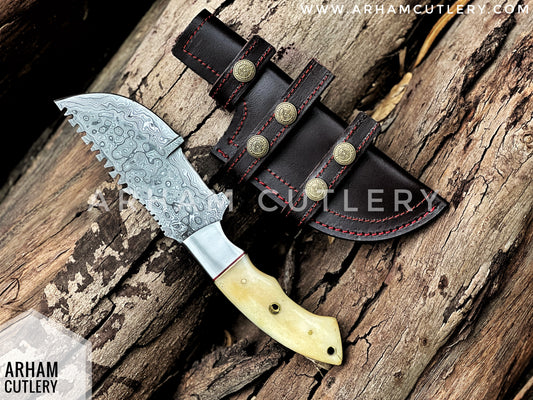 Handmade Damascus Steel Tracker Knife - Camel Bone Handle & Leather Sheath , Best Outdoor Knife