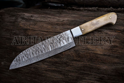 Handmade Damascus Steel Camel Bone Kitchen Knife Chef Set
