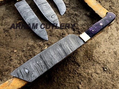 Damascus Steel Hand Forged Set Of 5 With Leather Roll Kit , Kitchen Knife , Arham Cutlery