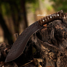 Cargar imagen en el visor de la galería, Handmade Kukri machete knife with hammered blade and wooden handle, includes leather sheath by Arham Cutlery
