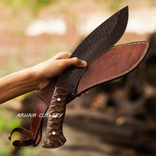 Cargar imagen en el visor de la galería, Handmade Kukri machete knife with hammered blade and wooden handle, includes leather sheath by Arham Cutlery
