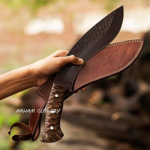 Handmade Kukri machete knife with hammered blade and wooden handle, includes leather sheath by Arham Cutlery