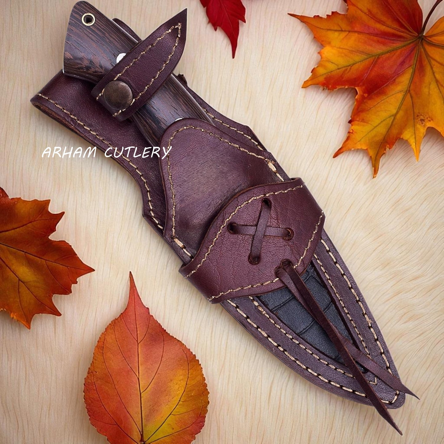 Handmade skinner hunting knife with hardwood handle and leather sheath by Arham Cutlery