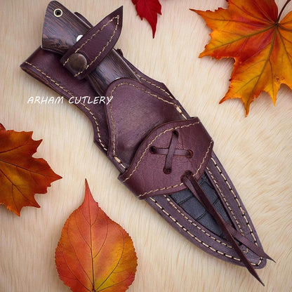 Handmade skinner hunting knife with hardwood handle and leather sheath by Arham Cutlery