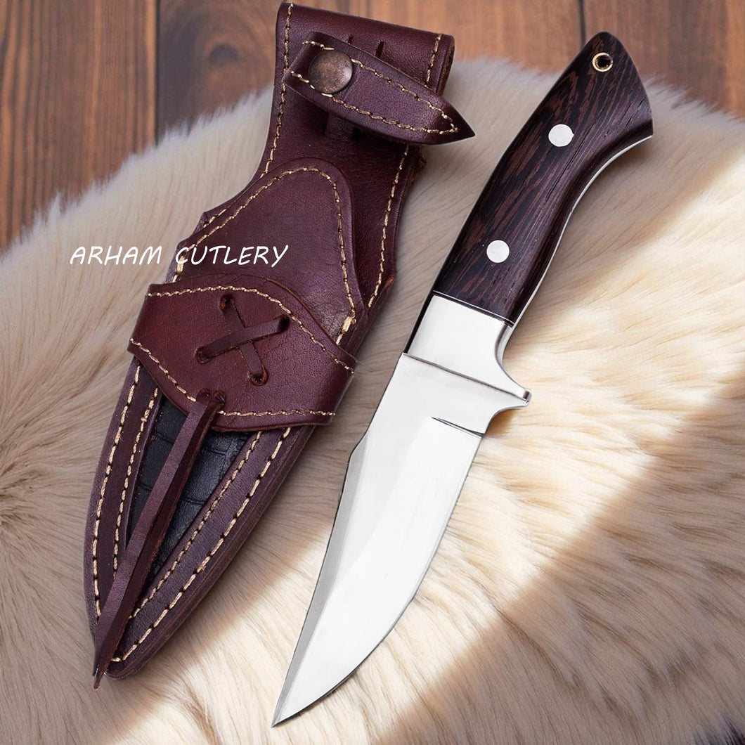 Handmade skinner hunting knife with hardwood handle and leather sheath by Arham Cutlery