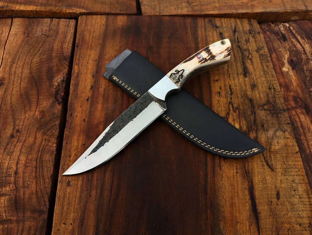 The Wildfang – Handmade Hunting Knife with Stag Antler Handle | 12C27 Acid Etched Steel