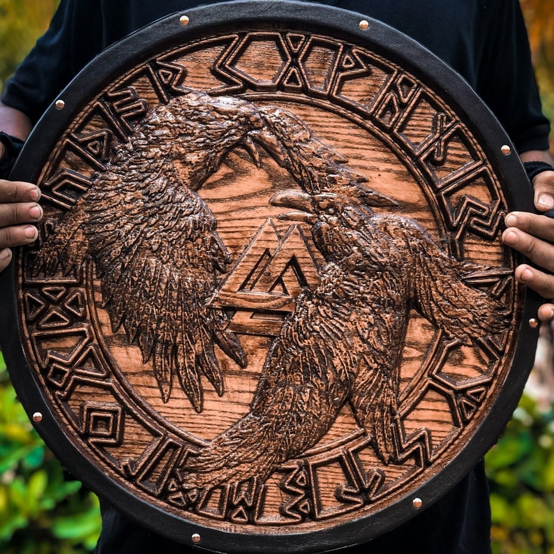 Medieval Viking Shield, Ravens Carved Shield, Cosplay Shield, Viking Gift, Viking Wall Decor, Viking Round Shield, Birthday & Christmas Gift | Arham Cutlery