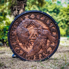 Load image into Gallery viewer, Medieval Viking Shield, Ravens Carved Shield, Cosplay Shield, Viking Gift, Viking Wall Decor, Viking Round Shield, Birthday &amp; Christmas Gift | Arham Cutlery
