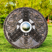 Load image into Gallery viewer, Hand-Carved Viking Dragon Shield, Norse Inspired Decor Shield, Viking Round Shield, Cosplay Shield, Viking Gift, Birthday &amp; Anniversary Gift | Arham Cutlery
