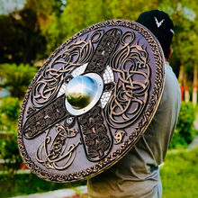 Cargar imagen en el visor de la galería, Hand-Carved Viking Dragon Shield, Norse Inspired Decor Shield, Viking Round Shield, Cosplay Shield, Viking Gift, Birthday &amp; Anniversary Gift | Arham Cutlery
