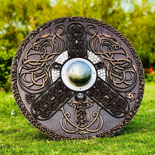 Load image into Gallery viewer, Hand-Carved Viking Dragon Shield, Norse Inspired Decor Shield, Viking Round Shield, Cosplay Shield, Viking Gift, Birthday &amp; Anniversary Gift | Arham Cutlery
