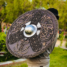 Cargar imagen en el visor de la galería, Hand-Carved Viking Dragon Shield, Norse Inspired Decor Shield, Viking Round Shield, Cosplay Shield, Viking Gift, Birthday &amp; Anniversary Gift | Arham Cutlery
