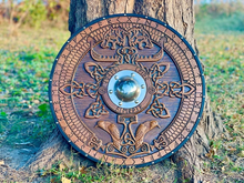 Cargar imagen en el visor de la galería, Custom Norse\Viking Shield, Medieval Round Shield, Carved Viking Gift, Wall Decor, Cosplay Shield, Birthday&amp;Wedding Gifts, Personalized Gift | Arham Cutlery
