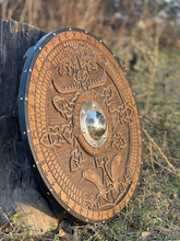 Cargar imagen en el visor de la galería, Custom Norse\Viking Shield, Medieval Round Shield, Carved Viking Gift, Wall Decor, Cosplay Shield, Birthday&amp;Wedding Gifts, Personalized Gift | Arham Cutlery
