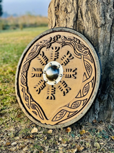 Load image into Gallery viewer, Norse/Viking Shield, Carved Helm of Awe Design for Wall Decor, Medieval Round Shield, Cosplay Shield, Ideal Gifts for Birthdays &amp;Anniversary | Arham Cutlery
