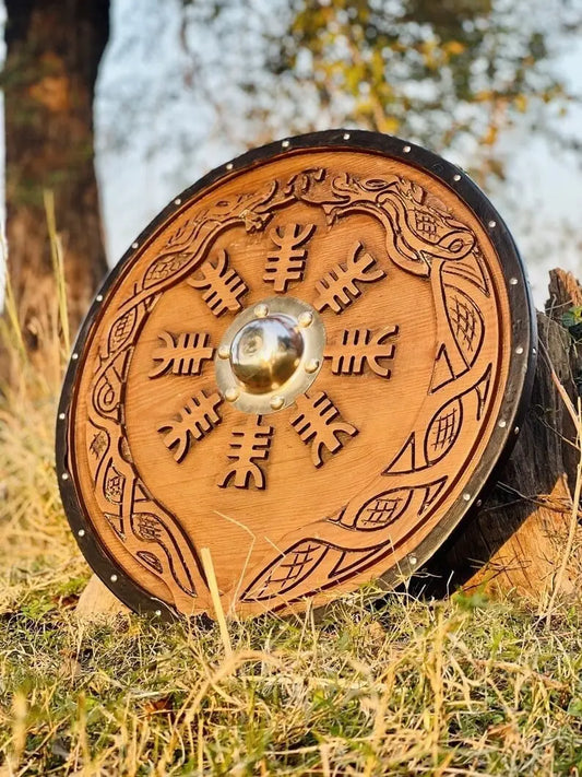 Norse/Viking Shield, Carved Helm of Awe Design for Wall Decor, Medieval Round Shield, Cosplay Shield, Ideal Gifts for Birthdays &Anniversary | Arham Cutlery Arham Cutlery