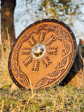 Load image into Gallery viewer, Norse/Viking Shield, Carved Helm of Awe Design for Wall Decor, Medieval Round Shield, Cosplay Shield, Ideal Gifts for Birthdays &amp;Anniversary | Arham Cutlery
