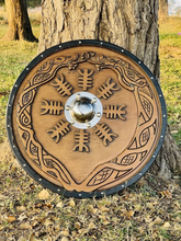 Load image into Gallery viewer, Norse/Viking Shield, Carved Helm of Awe Design for Wall Decor, Medieval Round Shield, Cosplay Shield, Ideal Gifts for Birthdays &amp;Anniversary | Arham Cutlery
