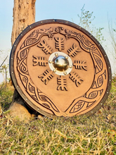 Lade das Bild in den Galerie-Viewer, Norse/Viking Shield, Carved Helm of Awe Design for Wall Decor, Medieval Round Shield, Cosplay Shield, Ideal Gifts for Birthdays &amp;Anniversary | Arham Cutlery
