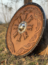 Cargar imagen en el visor de la galería, Norse/Viking Shield, Carved Helm of Awe Design for Wall Decor, Medieval Round Shield, Cosplay Shield, Ideal Gifts for Birthdays &amp;Anniversary | Arham Cutlery
