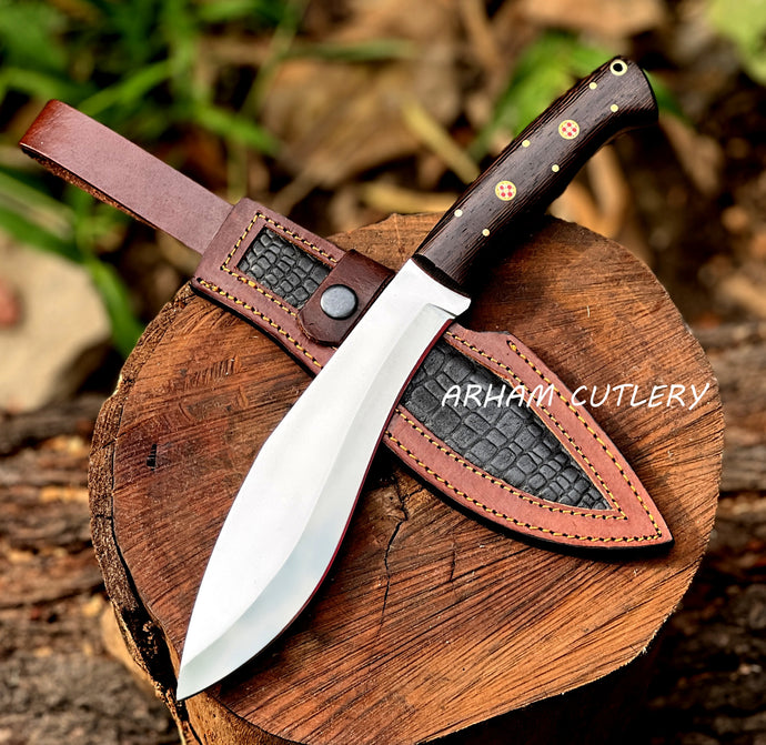 Handmade D2 steel hunting knife with mirror polish blade, wenge wood handle, and custom leather sheath by Arham Cutlery