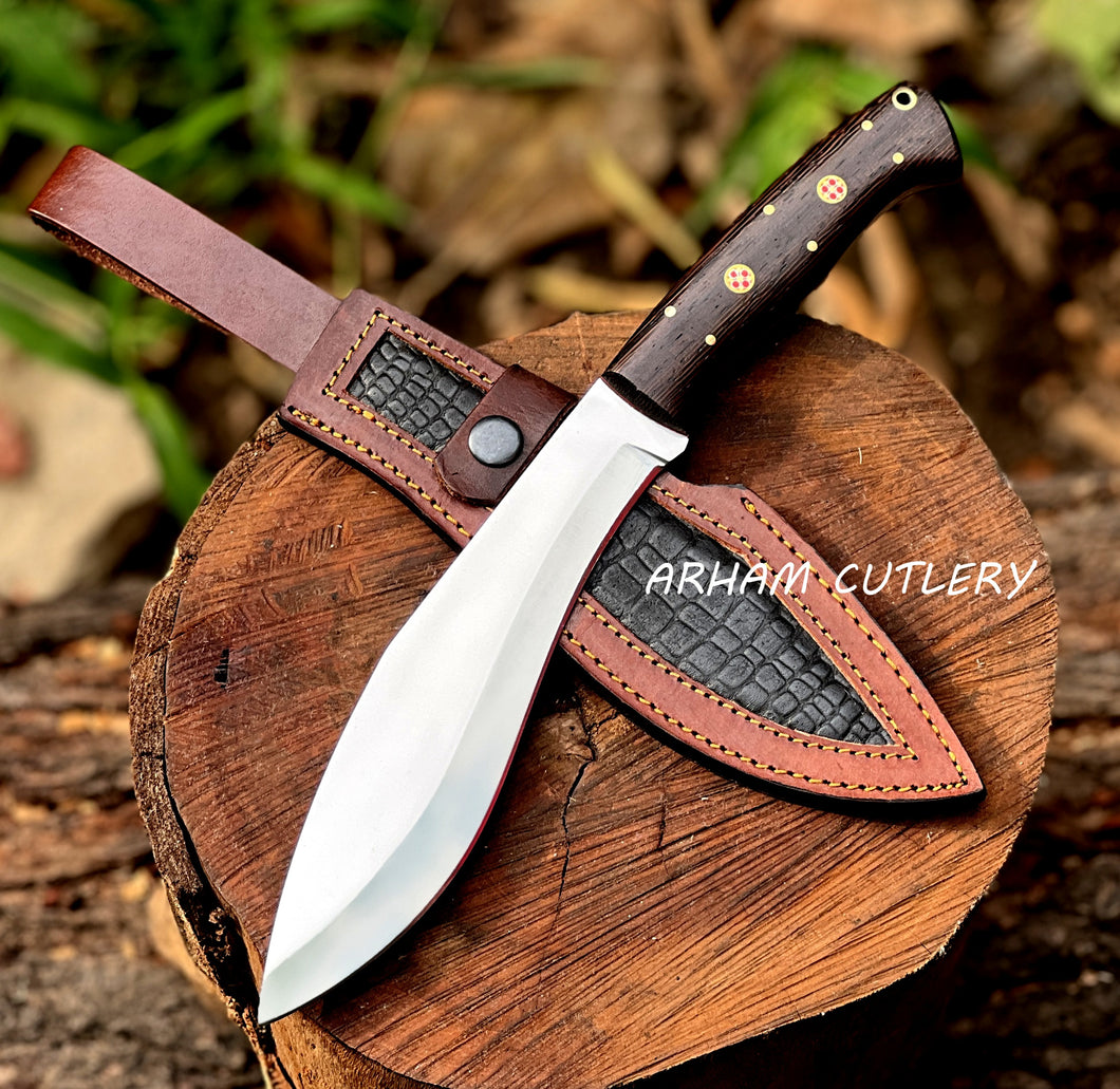 Handmade D2 steel hunting knife with mirror polish blade, wenge wood handle, and custom leather sheath by Arham Cutlery