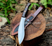 Cargar imagen en el visor de la galería, Handmade D2 Steel Hunting Knife – Mirror Polish Blade, Wenge Wood Handle with Leather Sheath

