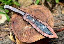 Cargar imagen en el visor de la galería, Handmade D2 Steel Hunting Knife – Mirror Polish Blade, Wenge Wood Handle with Leather Sheath
