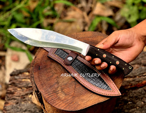 Handmade D2 Steel Hunting Knife – Mirror Polish Blade, Wenge Wood Handle with Leather Sheath