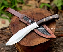 Cargar imagen en el visor de la galería, Handmade D2 Steel Hunting Knife – Mirror Polish Blade, Wenge Wood Handle with Leather Sheath
