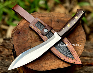 Handmade D2 Steel Hunting Knife – Mirror Polish Blade, Wenge Wood Handle with Leather Sheath