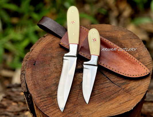 Handmade D2 Steel Knife Set – Resin Handle with Leather Sheath (9" & 5") - Arham Cutlery