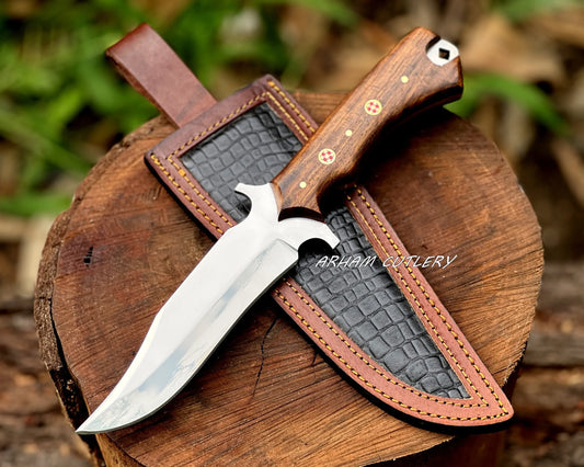 Handmade D2 Steel Hunting Knife – Rosewood Handle with Leather Sheath - Arham Cutlery