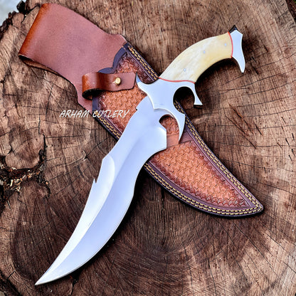 Custom Handmade D2 Steel Hunting Knife with Camel Bone Handle Steel Bolster & Leather Sheath Outdoor Camping Collectors Knife