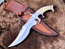 Lade das Bild in den Galerie-Viewer, Custom Handmade D2 Steel Hunting Knife with Camel Bone Handle Steel Bolster &amp; Leather Sheath Outdoor Camping Collectors Knife
