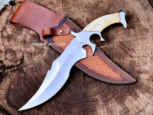 Custom Handmade D2 Steel Hunting Knife with Camel Bone Handle Steel Bolster & Leather Sheath Outdoor Camping Collectors Knife