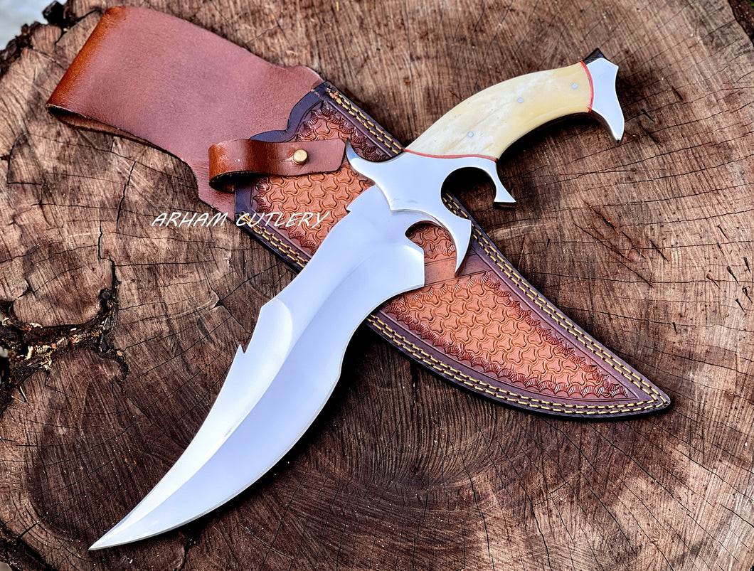 Custom Handmade D2 Steel Hunting Knife with Camel Bone Handle Steel Bolster & Leather Sheath Outdoor Camping Collectors Knife