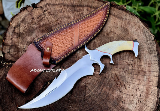 Custom Handmade D2 Steel Hunting Knife with Camel Bone Handle Steel Bolster & Leather Sheath Outdoor Camping Collectors Knife - Arham Cutlery