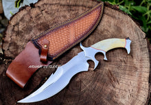 Lade das Bild in den Galerie-Viewer, Custom Handmade D2 Steel Hunting Knife with Camel Bone Handle Steel Bolster &amp; Leather Sheath Outdoor Camping Collectors Knife
