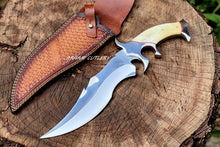 Lade das Bild in den Galerie-Viewer, Custom Handmade D2 Steel Hunting Knife with Camel Bone Handle Steel Bolster &amp; Leather Sheath Outdoor Camping Collectors Knife
