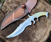 Lade das Bild in den Galerie-Viewer, Custom Handmade D2 Steel Hunting Knife with Camel Bone Handle Steel Bolster &amp; Leather Sheath Outdoor Camping Collectors Knife
