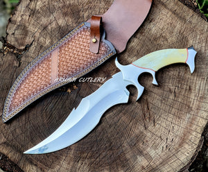 Custom Handmade D2 Steel Hunting Knife with Camel Bone Handle Steel Bolster & Leather Sheath Outdoor Camping Collectors Knife
