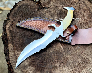 Custom Handmade D2 Steel Hunting Knife with Camel Bone Handle Steel Bolster & Leather Sheath Outdoor Camping Collectors Knife