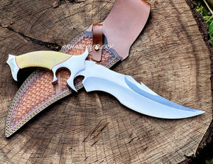 Custom Handmade D2 Steel Hunting Knife with Camel Bone Handle Steel Bolster & Leather Sheath Outdoor Camping Collectors Knife