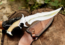 Lade das Bild in den Galerie-Viewer, Custom Handmade D2 Steel Hunting Knife with Camel Bone Handle Steel Bolster &amp; Leather Sheath Outdoor Camping Collectors Knife
