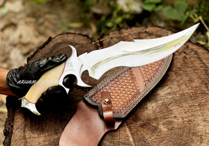 Custom Handmade D2 Steel Hunting Knife with Camel Bone Handle Steel Bolster & Leather Sheath Outdoor Camping Collectors Knife