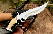 Lade das Bild in den Galerie-Viewer, Custom Handmade D2 Steel Hunting Knife with Camel Bone Handle Steel Bolster &amp; Leather Sheath Outdoor Camping Collectors Knife
