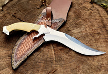 Cargar imagen en el visor de la galería, Handmade D2 Steel Hunting Knife with Camel Bone Handle &amp; Leather Sheath
