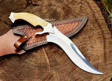Cargar imagen en el visor de la galería, Handmade D2 Steel Hunting Knife with Camel Bone Handle &amp; Leather Sheath
